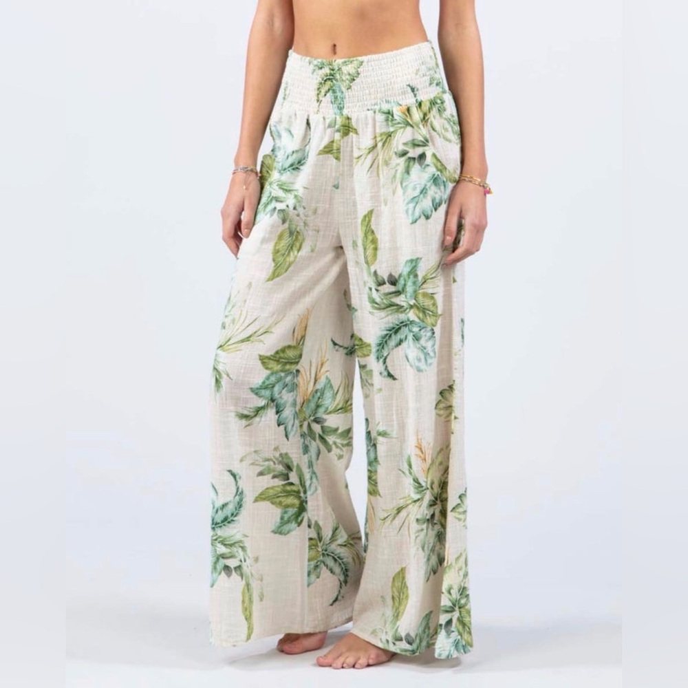 Rip Curl Cream Wide Leg Pants with Green Leaf Print